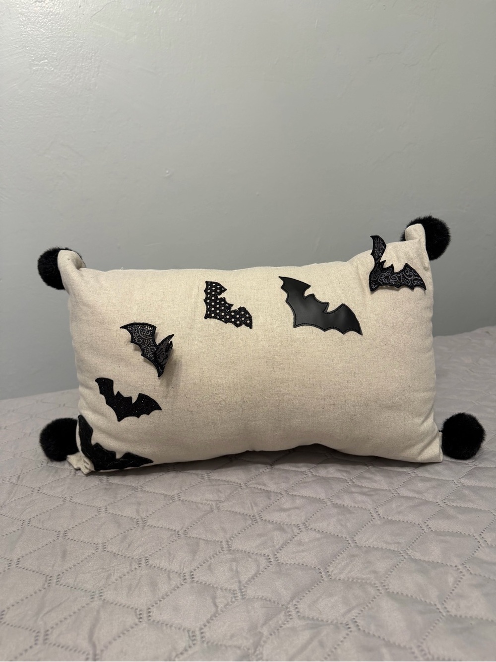 Handmade Cream Halloween Bat Accent Pillow with Black Pom Poms